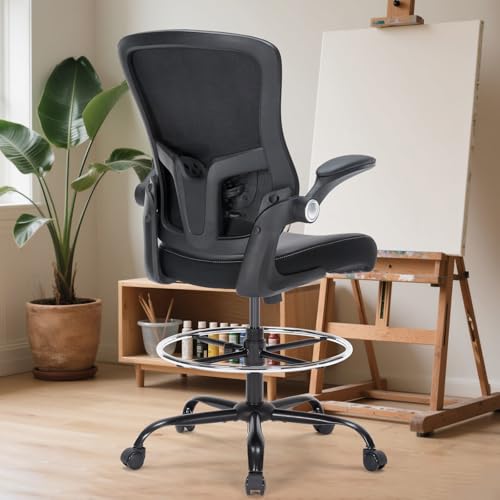 Drafting Chair, Tall Office Chair with PU Leather Seat, Ergonomic Standing Desk Chair with Lumbar Support Counter Height Office Chair with Adjustable Footrest Ring Flip-up Armrests Bondesin