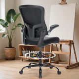 Drafting Chair, Tall Office Chair with PU Leather Seat, Ergonomic Standing Desk Chair with Lumbar Support Counter Height Office Chair with Adjustable Footrest Ring Flip-up Armrests Bondesin