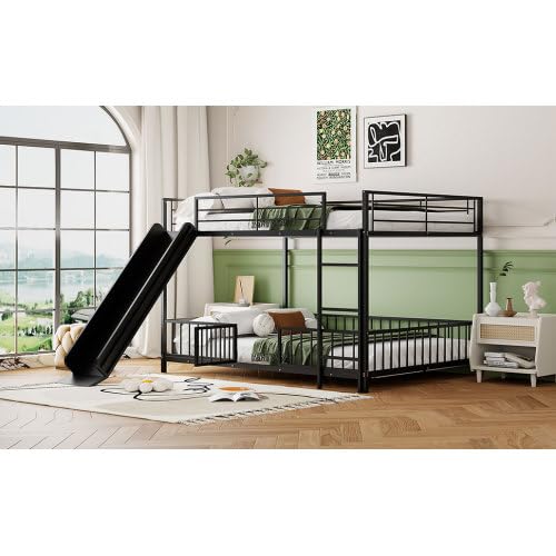 Harper & Bright Designs Full Over Full Metal Bunk Bed with Slide, Heavy Duty Bunk Bed with Small Door, Fence and Ladder for Girls Boys, Black Harper & Bright Designs