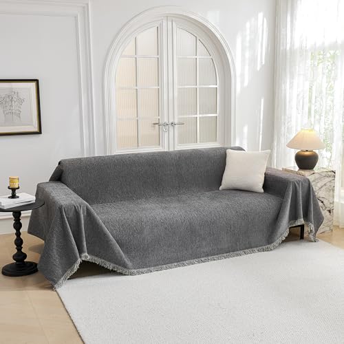 MYSKY HOME Couch Cover for Dogs, Washable Couch Covers, Non Slip Sofa Cover, Couch Cover 2 Cushion Sofa Dogs Furniture Protector with Tassels, Chenille Sofa Slipcover for Pets, 71"x118", Dark Grey MYSKY HOME