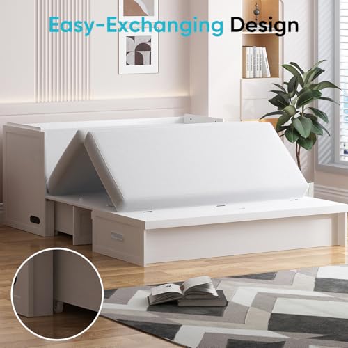 CECER Queen Size Murphy Bed with Tri-Folding Mattress，Murphy Bed with Charging Station and Two Large Storage Drawers for Small Spaces/Bedroom（White）-Mattress Include CECER