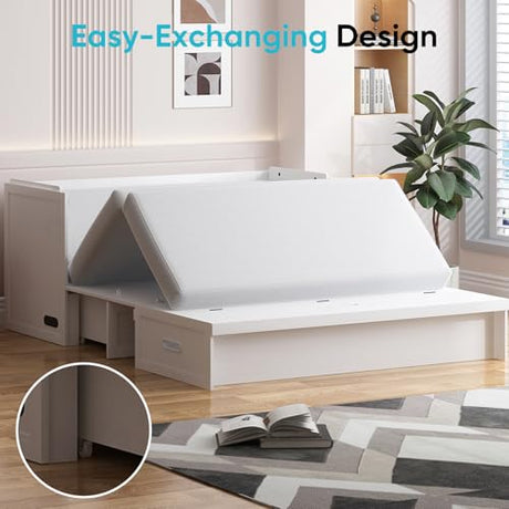CECER Queen Size Murphy Bed with Tri-Folding Mattress，Murphy Bed with Charging Station and Two Large Storage Drawers for Small Spaces/Bedroom（White）-Mattress Include CECER