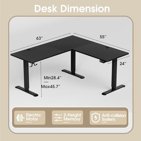 L Shaped Standing Desk Adjustable Height, Electric Corner Standing Desk, Sit Stand Computer Table with Memory Controller for Home (Black, 55 Inch) Homall