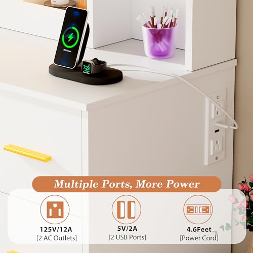 ANWBROAD Makeup Vanity Desk with Mirror and Lights 3 Colors Large Vanity Table with 7 Drawers & RGB Lights White Makeup Table with Charging Station 6 Storage Shelves Stool for Bedroom Women UBDT96W ANWBROAD