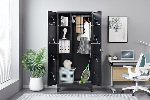 Generic Metal Locker Storage Cabinets, 72” Black Tall Steel Locker, Lockable Doors for Home, Garage. Garden OM566 WoodArtSupply