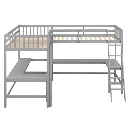 Harper & Bright Designs L-Shaped Loft Bed with Desks, Wood Twin Size Loft Bed with Ladder & 2 L-Shaped Desks, Corner Twin Bed for Kids, Teens, Adults (Gray) Harper & Bright Designs