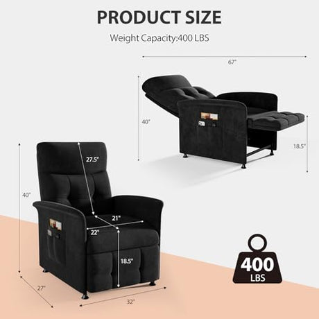 LegacyAmerhome Power Recliner Chair for Adults with Heat & Massage - Soft Fabric Electric Reclining Sofa with Remote Control, 3 Side Pockets, 180° Lay Sleeper for Living Room Home Theater, Black LegacyAmerhome