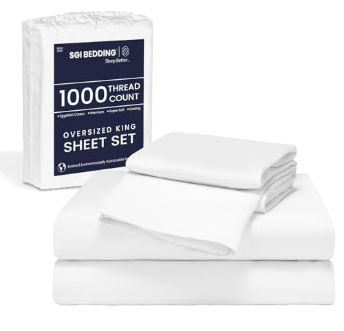 SGI bedding 96"x96" 4 Pc Vermont King Sheet Set 1000 Thread Count 100% Egyptian Cotton - Deep Pocket 15" Ultra Soft, Breathable, Hotel Quality Sheets, Oversized Bed Sheets, White SGI bedding