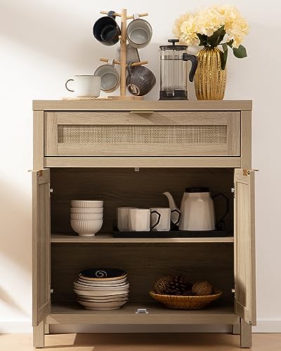 SICOTAS Sideboard Buffet Storage Cabinet Set of 3, Rattan Credenza Buffet Table, Boho Console Accent Cabinet with Doors and Drawer, Coffee Bar Cabinet for Kitchen Entryway Living Room, Natural SICOTAS