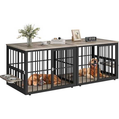 YITAHOME 88.6" Double Dog Crate Furniture, Wooden Dog Kennel with Bowls & 3 Doors, Large Double Crate Furniture TV Stand, Grey YITAHOME