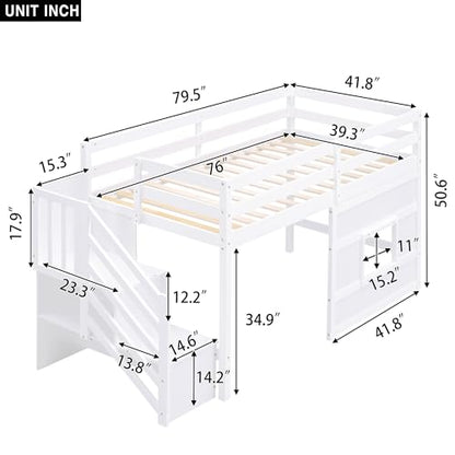 Bellemave Twin Size Low Loft Bed for Kids,Twin Loft Bed with Storage Staircase and Window,Wooden Bed Frame for Teens, Boys, Girls(White)