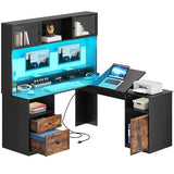 YITAHOME L Shaped Desk with Drawers & Hutch, 61" Computer Desk with Power Outlets & LED Lights, Corner Office Desk with Storage Cabinet, Drafting Table, Wood Desk, Black & Rustic Brown YITAHOME