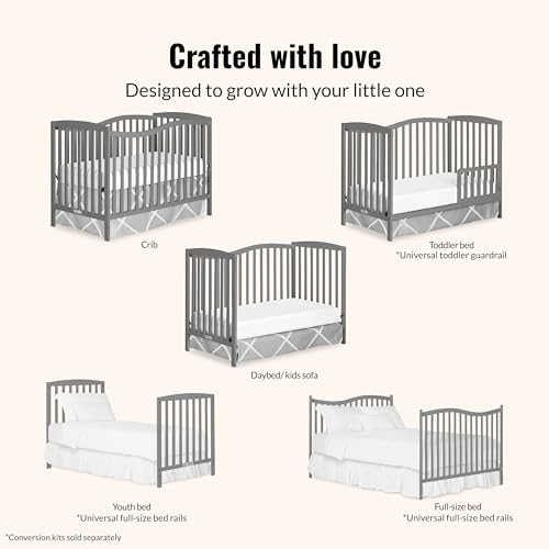 Dream On Me Chelsea 5-in-1 Convertible Full-Size Baby Crib in Steel Grey, GreenGuard Gold & BSA, Pinewood, 4 Mattress Heights, Converts to Toddler, Day & Full-Size Bed, Modern Classic Nursery