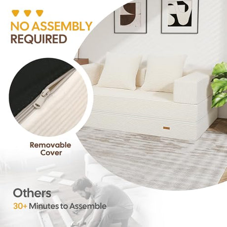 COMAX Futon Sofa Bed, 4‑in‑1 Convertible Sofa Bed, Folding Boneless Couches for Living Room, Fold Out Small Foldable Loveseat Floor Sleeper Comfy Mattress Lounge Space‑Saving, Beige COMAX