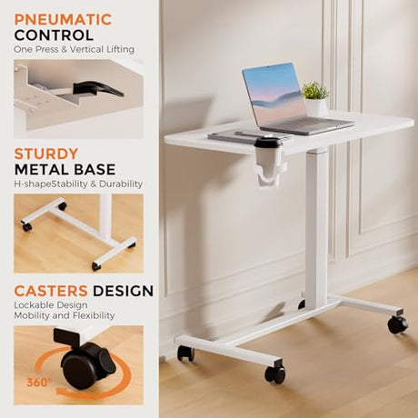 COMHOMA Adjustable Overbed Bedside Table with Lockable Wheels, Pneumatic Mobile Standing Laptop Desk, Small Standing Desk Portable Rolling Overbed Table Hospital Home Use(32" W x 18" D, White) COMHOMA