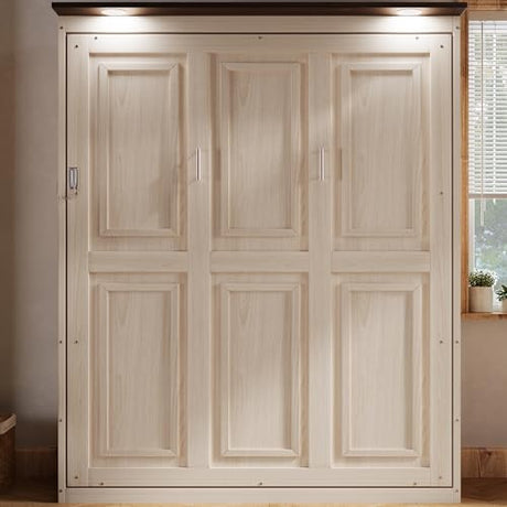 MERITLINE Queen Farmhouse Murphy Bed with LED, Solid Wood Vertical Murphy Wall Bed Cabinet for Adults (Natural Wood) MERITLINE