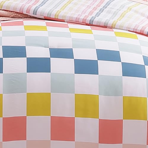 Wink Deer Twin Comforter Set for Girls-5 Pieces Colorful Check Twin Bedding Sets for Kids, Ultra Soft Bed in A Bag with Sheets Wink Deer