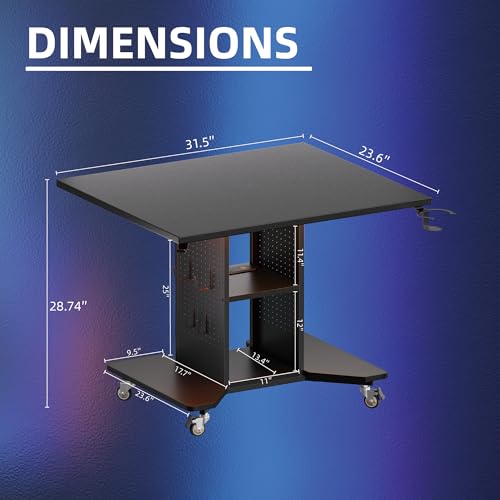Pamray Small Rolling Gaming Desk with Led Lights Power Outlets and Storage Pegboard, Small Spaces Compact PC Computer Table Balck Pamray