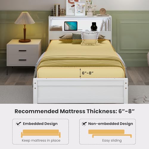 Giantex Twin Bed Frames with Storage Headboard, Wood Platform Bed with Charging Station & LED Light, Single Bed with Slats Support, Under-Bed Space, Twin Bed Frames for Kids Girls Boys (White) Giantex