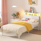 Weehom Twin Bed Frames with 2 Tiers Wood Storage Shelves Headboard, Twin Size Bed with Charger Stations and LED Light Under Bed Storage Space Platform Bed for Kids, Girls and Adults, White Weehom
