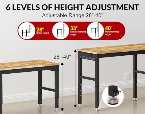 MUWOOD 72”Heavy Duty Work Bench, 2-Layer Adjustable Workbench, 5000 LBS Capacity Work Bench with Power Outlet & Pegboard, Rubber Wood Work Table for Garage, Workshop, Office, Home MUWOOD