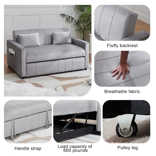 Hixkol 3 in 1 Convertible Sleeper Sofa Bed,55.51" Velvet Futon Sofa Bed, Pull Out Couch for Bedroom&Living Room, Loveseat Sofa Bed with Storage Pockets & 2 Toss Pillows,Adjustable Backrest(Grey) Hixkol