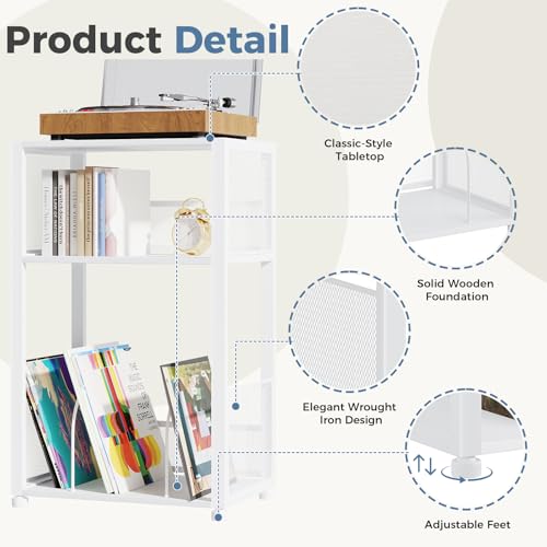 DUMOS 3 Tier Side Table, 1 Pack Record Player Stand with Storage Up to 100 Albums,Turntable Stand for Vinyl,Brown Records Shelf for Living Room Bedroom White DUMOS