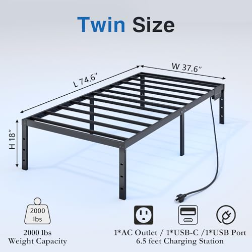 HAVONIZD Twin Size Bed Frame with LED Lights & Charging Station - 18 Inch Heavy Duty Metal Platform Bed Frame No Box Spring Needed, Easy Assembly, No Noise HAVONIZD