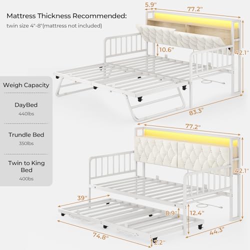 ADORNEVE Daybed with Trundle, Twin to King Daybed with Charging Station & LED Lights, Metal Trundle Bed Twin with Hidden Storage Headboard, Upholstered Sofa Day Bed for Living Room, Bedroom, White ADORNEVE