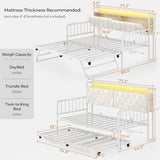 ADORNEVE Daybed with Trundle, Twin to King Daybed with Charging Station & LED Lights, Metal Trundle Bed Twin with Hidden Storage Headboard, Upholstered Sofa Day Bed for Living Room, Bedroom, White ADORNEVE