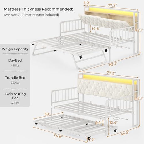 ADORNEVE Daybed with Trundle, Twin to King Daybed with Charging Station & LED Lights, Metal Trundle Bed Twin with Hidden Storage Headboard, Upholstered Sofa Day Bed for Living Room, Bedroom, White ADORNEVE