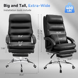 Holiwei Office Chair with Footrest, Big and Tall 400lbs Executive Desk Chair with Thickened Lumbar Support Pillow, High Back PU Leather Reclining Computer Chair, Ergonomic Swivel Task Chair, Black Holiwei
