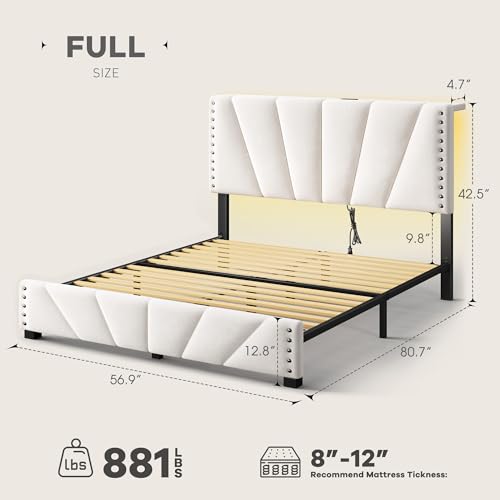 EnHomee Full Size Bed Frame, Velvet Bed Frame with Headboard and Led Light, Platform Bed Frame for Bedroom Apartment, Dorm, Noise-Free, Easy Assembly, Beige EnHomee