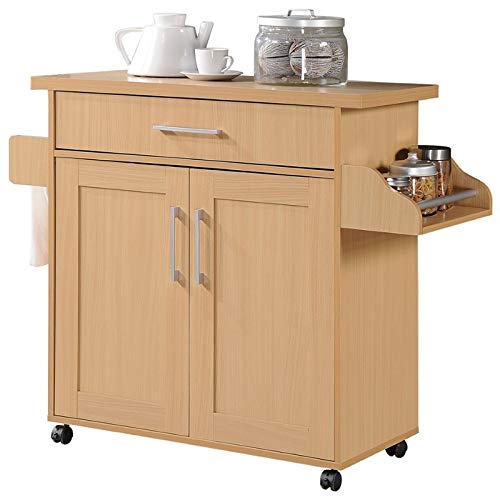 Pemberly Row Contemporary Wood Kitchen Island with Spice Rack in Beige - WoodArtSupply