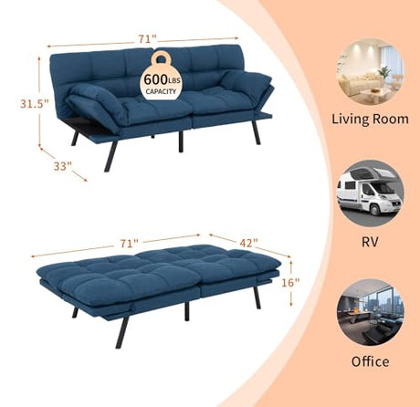 MUUEGM Futon Sofa Bed 71" Convertible Memory Foam Royal Blue Futon Couch Bed Modern Loveseat Sleeper with Adjustable Backrests Armrests for Living Room,Small Space,Office MUUEGM