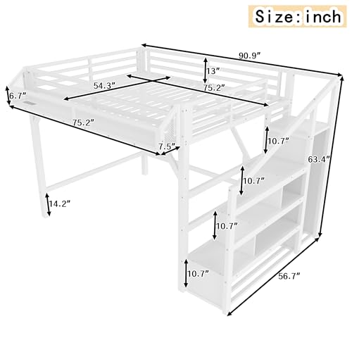 Bellemave Metal Full Size Loft Bed with Stairs and Wardrobe,Heavy Duty Loft Bed Frame with LED Lights and Charging Station for for Kids,Teens,Adults,White Bellemave