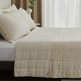 Powdion French Linen Quilt King, Pre-Washed Linen Front and Cotton Back European Comforter, Lightweight Breathable Cotton Quilt King Size for All Season, 3 Pcs Box Stitch Beige King Quilt Powdion