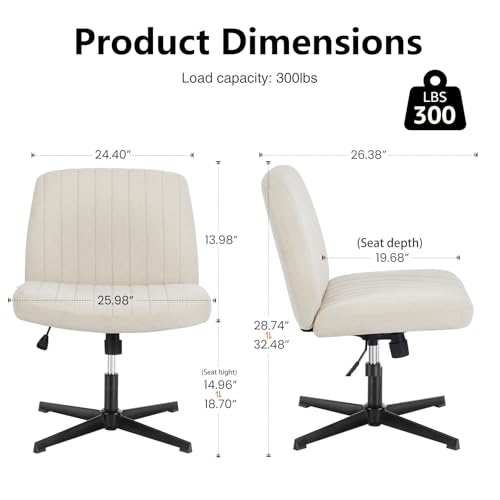 DUMOS Criss Cross Chair No Wheels Wide Cross Legged Office Desk Vanity Chair Comfy Fabric Armless Adjustable Swivel for Home Computer Task (Beige) DUMOS