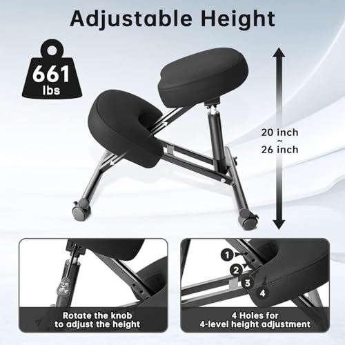 PU Leather Ergonomic Kneeling Chair, Adjustable Home and Office Stool with Thick Pads and Flexible Lockable Brake Wheels for Back Pain Relief(Black) DENGTELI