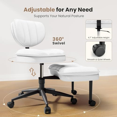 Cross Legged Office Chair, Ergonomic Cloud Criss Cross Desk Chair, Meditation Chair with Wheels, Height Adjustable Seat for ADHD, Wide Kneeling Chair with Back Support, Corduroy Fabric, White HOMRELEXA