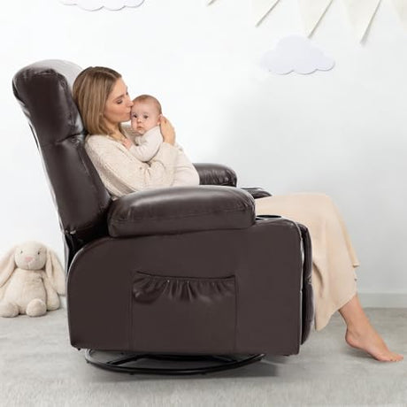 Comermax Rocker Recliner Chair with Heat and Massage, Wide Seat Heated Massaging Reclining Chair, Faux Leather Manual Swivel Rocking Recliners with Cup Holder, Dark Brown Comermax