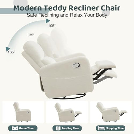 AEMEIOS Swivel Rocker Recliner, Oversized Boucle Glider Recliner Nursery, Manual Swivel Rocking Reclining Chairs with Removable Cushion and Lumbar Support for Nursery Living Room Bedroom, Teddy White AEMEIOS