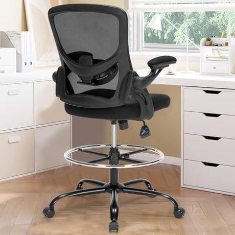 Drafting Chair, Tall Office Chair for Standing Desk, Ergonomic Standing Desk Chair with Flip-up Armrests, Counter Height Office Chair with Footrest and Adjustable Lumbar Support Chair Store