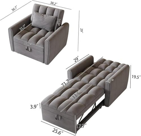 3 In 1 Velvet Convertible Single Sofa Bed,Pull Out Couch Bed With Reclining Backrest &Pillows,38.2" Modern Chaise Lounge Sleeper Sofa Futon Chair Bed,Couches for Small Spaces,Living Room (Dark Gray) Xinmviec