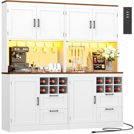 Unikito 72" Tall Pantry Cabinet, Kitchen Pantry Storage Cabinet with LED Light & Outlet, 63" Wide Kitchen Hutch Bar with Microwave Stand, Drawers, Wine Rack & Shelves, Cupboard for Dining Room, White Unikito