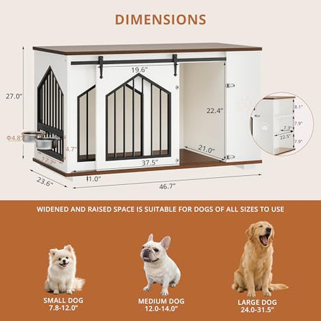 IRONCK Large Dog Crate Furniture with 2 Rotatable Dog Bowls, Wooden Dog Kennel with 2 Adjustable Shelves, Barn Doors Decorative Pet Cage Dog House as TV Stand, White IRONCK