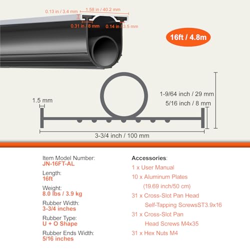 VEVOR Garage Door Seals Bottom Rubber, U Shape +O Ring Combination Garage Door Weather Stripping with Pre-drilled Aluminum Track Retainer Kit, 5/16 inch T-Ends and 3 3/4 inch Width (16 Ft, Black) VEVOR