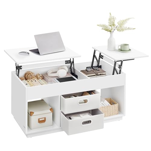 VASAGLE Coffee Table, Lift Top Coffee Table with 2 Drawers and Hidden Compartments, Center Table with Lift Tabletop, Open Compartments, for Living Room, Home Office, Snow White ULCT210W01 VASAGLE