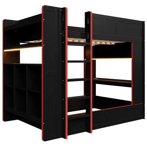 RUNNA Full Size Wood Gaming Bunk Bed with Desk, Storage Shelves, LED and Charging Station, Study & Play Space for Kids & Teens RUNNA