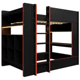 RUNNA Full Size Wood Gaming Bunk Bed with Desk, Storage Shelves, LED and Charging Station, Study & Play Space for Kids & Teens RUNNA